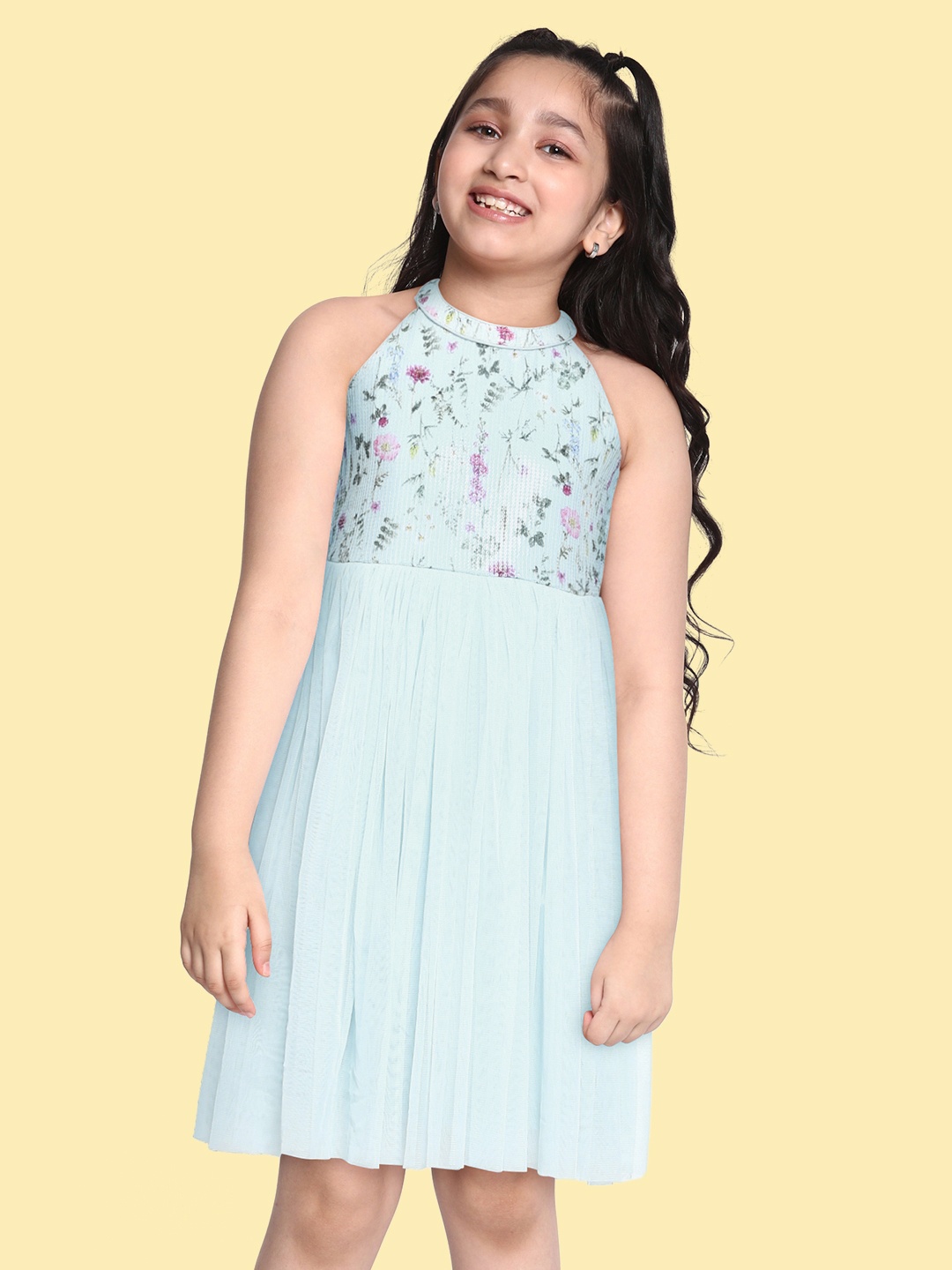 

AND Blue Floral Halter Neck A-Line Dress with Sequined Details