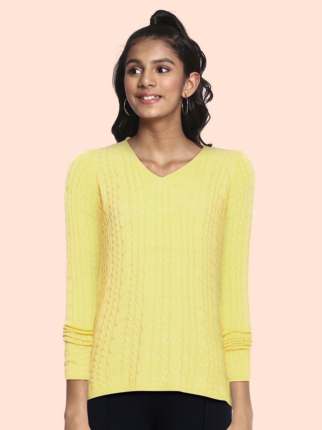 

AND Girls Yellow Self Design Pullover