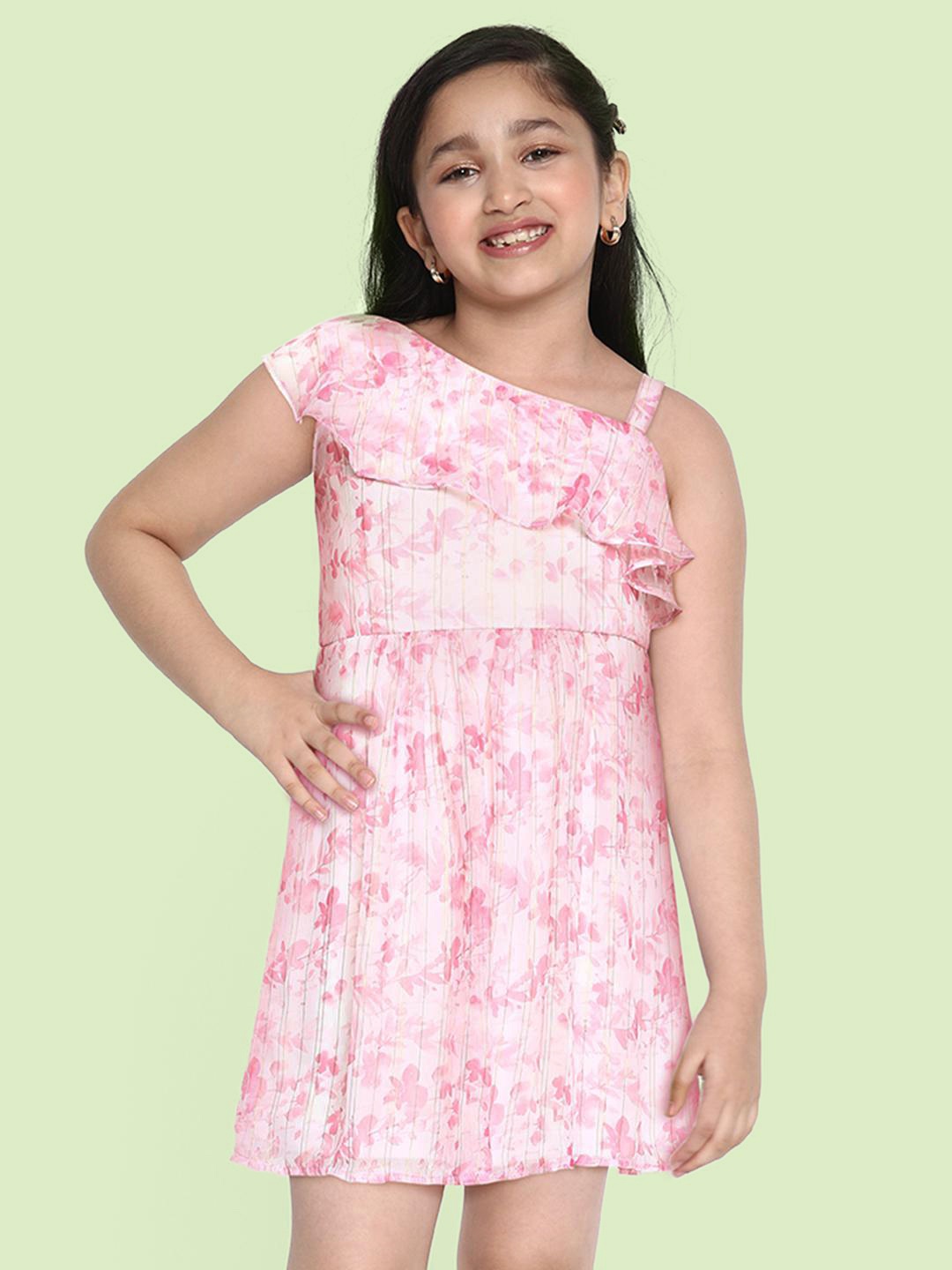 

AND Pink & White Floral One Shoulder Cape Sleeve Dress