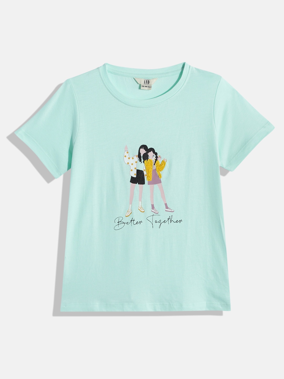 

AND Girls Sea Green Humans Graphic Print Round Neck Regular Sleeves Applique A-Line Top