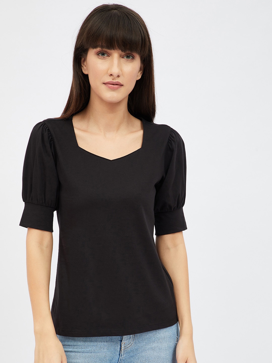 

Harpa Women Black Solid Cotton Regular Top