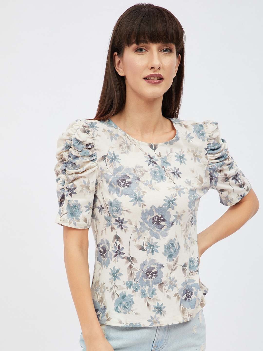 

Harpa Women Cream-Coloured & Blue Floral Printed Puff Sleeves Top