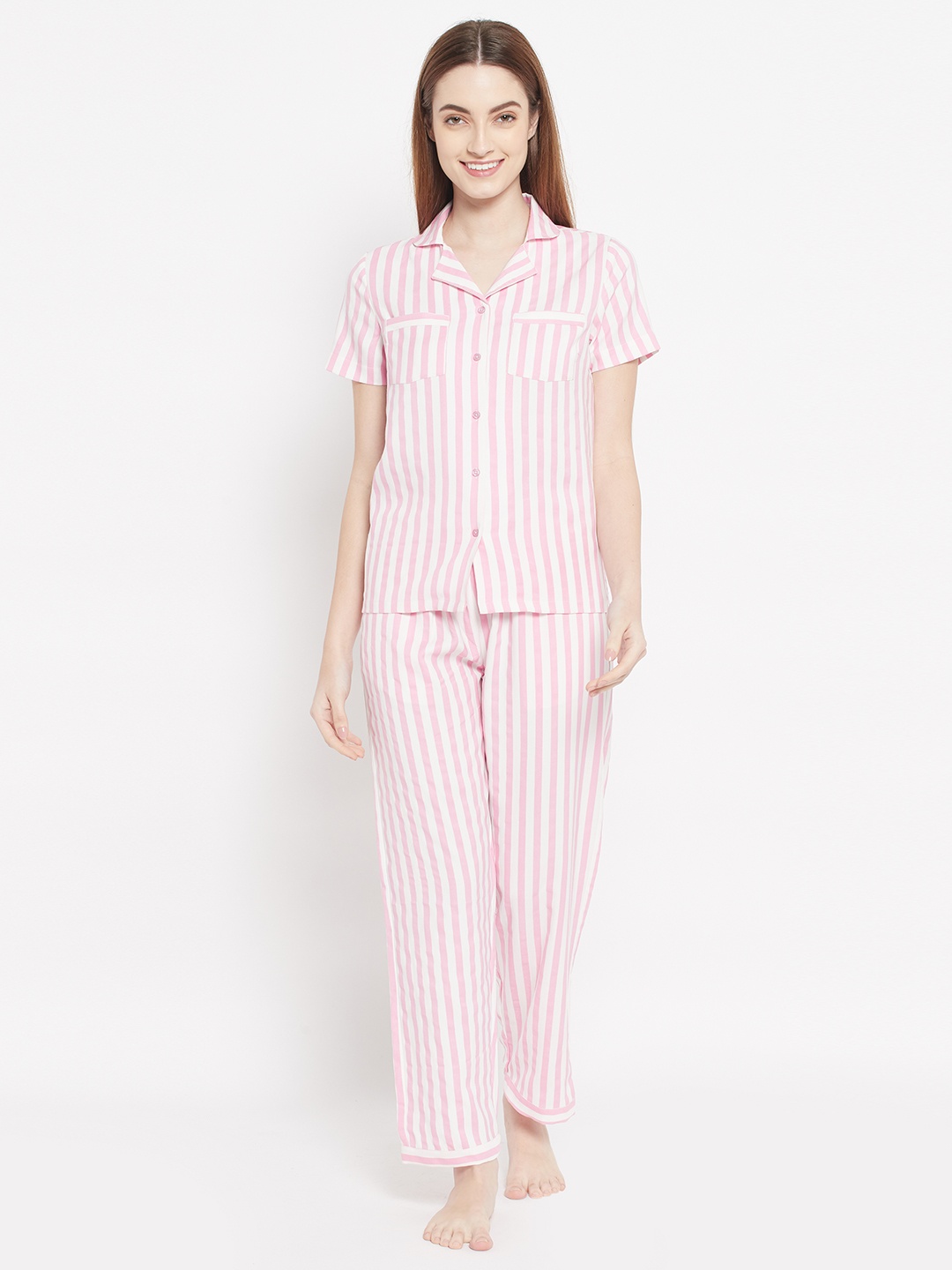 

HOUSE OF KKARMA Women Pink & White Striped Night Suit
