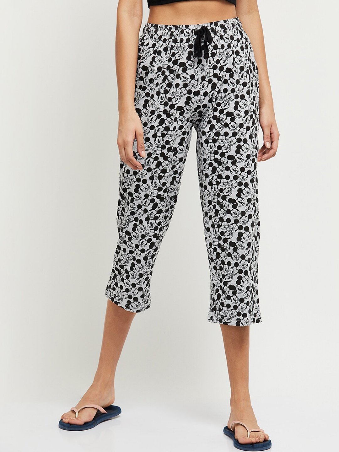 

max Women Grey Melange & Black Printed Lounge Capris