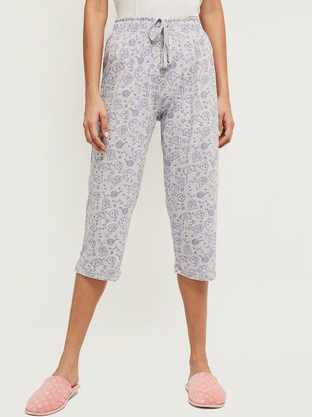 

max Women Grey Melange & Purple Printed Lounge Capri