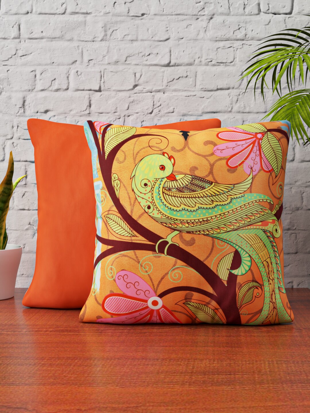 

HAPPY HUES Orange & Green Set of 2 Ethnic Motifs Satin Square Cushion Covers