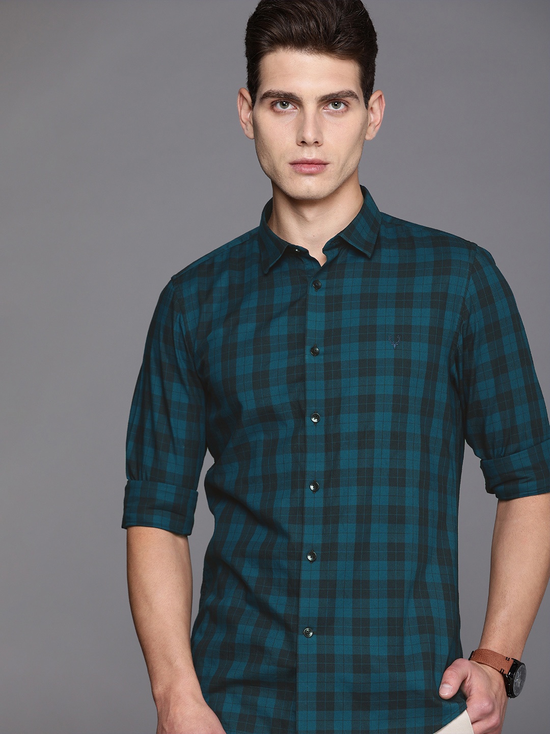 

Allen Solly Sport Men Teal Blue Ultra Slim Fit Opaque Checked Casual Shirt