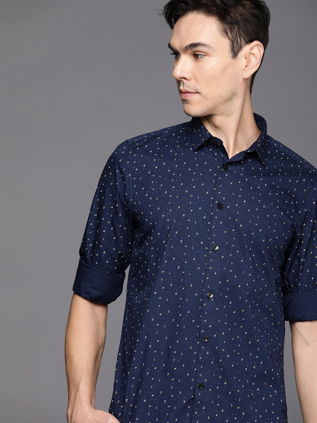 

Allen Solly Sport Men Navy Blue & Yellow Ultra Slim Fit Opaque Printed Casual Shirt