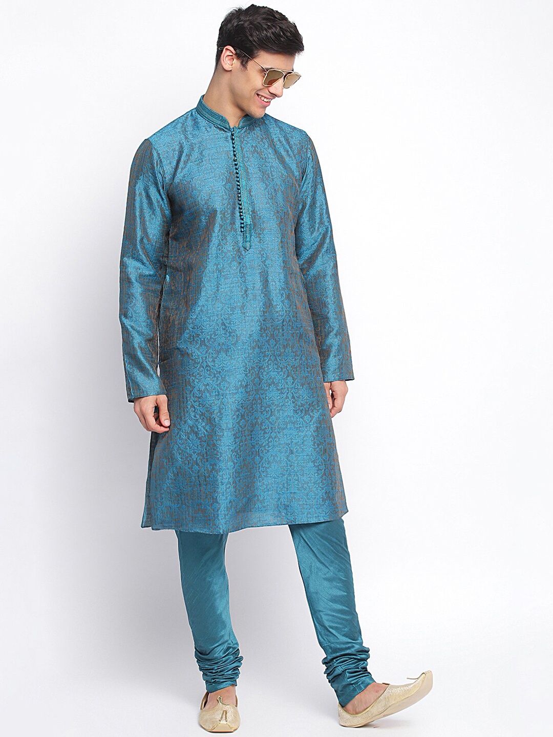 

Sanwara Men Green Woven Design Ethnic Motifs Thread Work Kurta