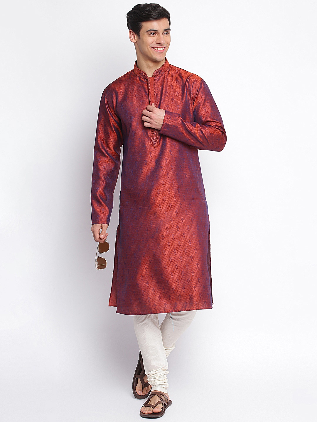 

Sanwara Men Orange Art Silk Printed Straight Kurta