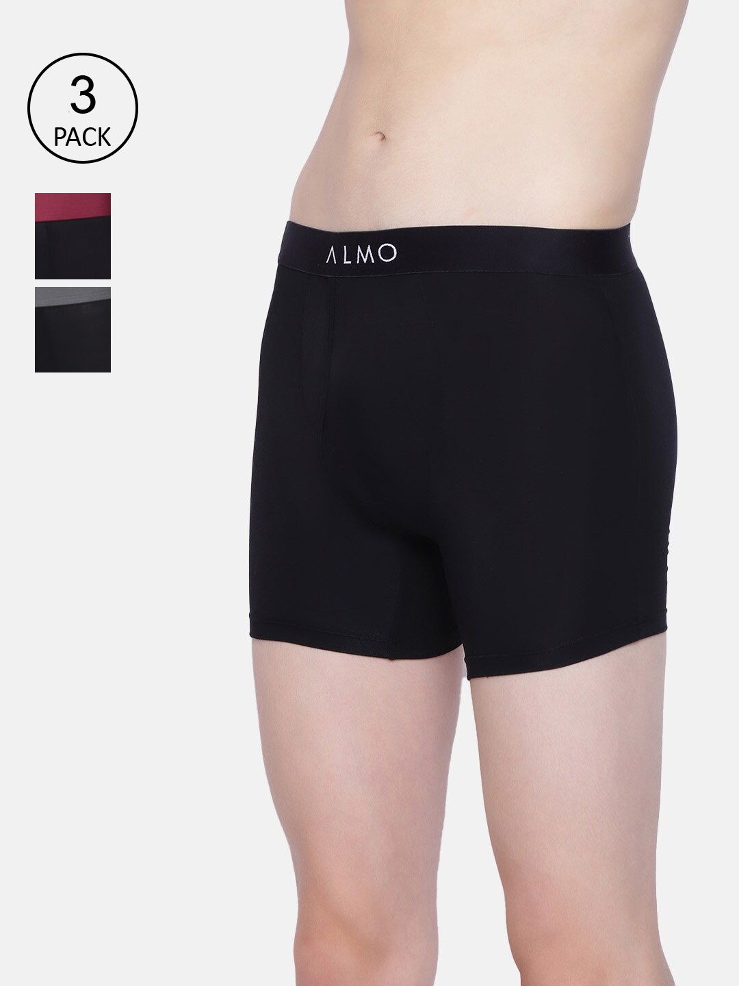 

Almo Wear Men Pack Of 3 Black Solid Micro Modal Mid-Rise Boxer Style Trunks MM401-BB-BRAG