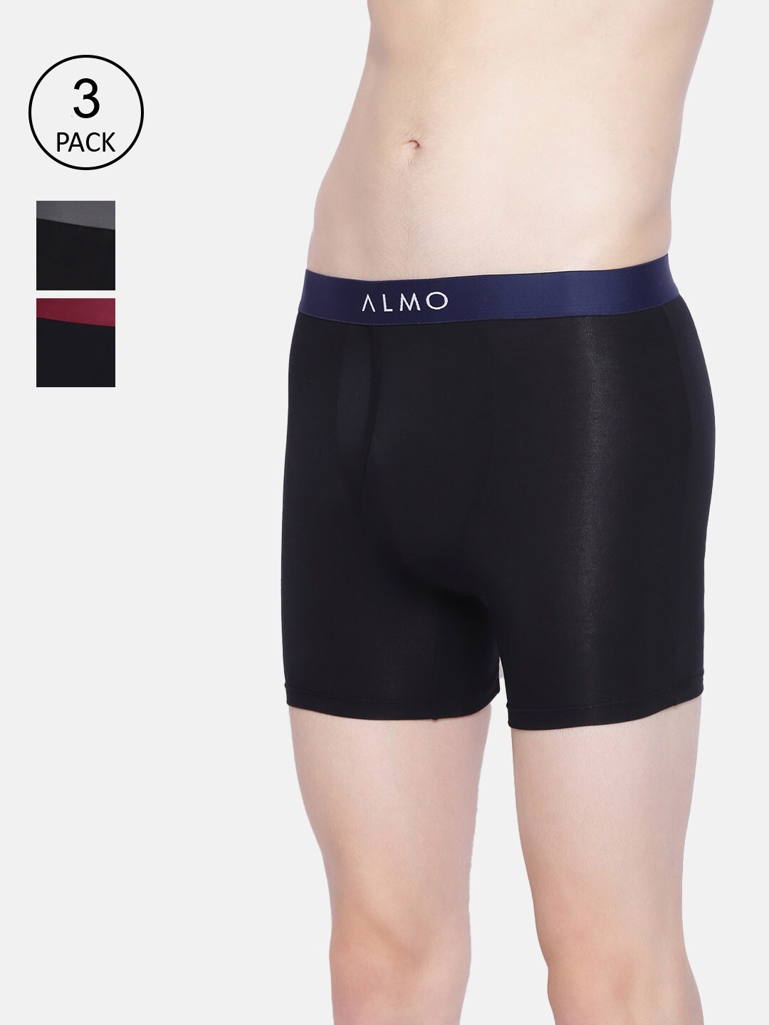 

Almo Wear Men Pack Of 3 Black Solid Micro Modal Mid-Rise Boxer Style Trunks MM401-BB-BLRAG