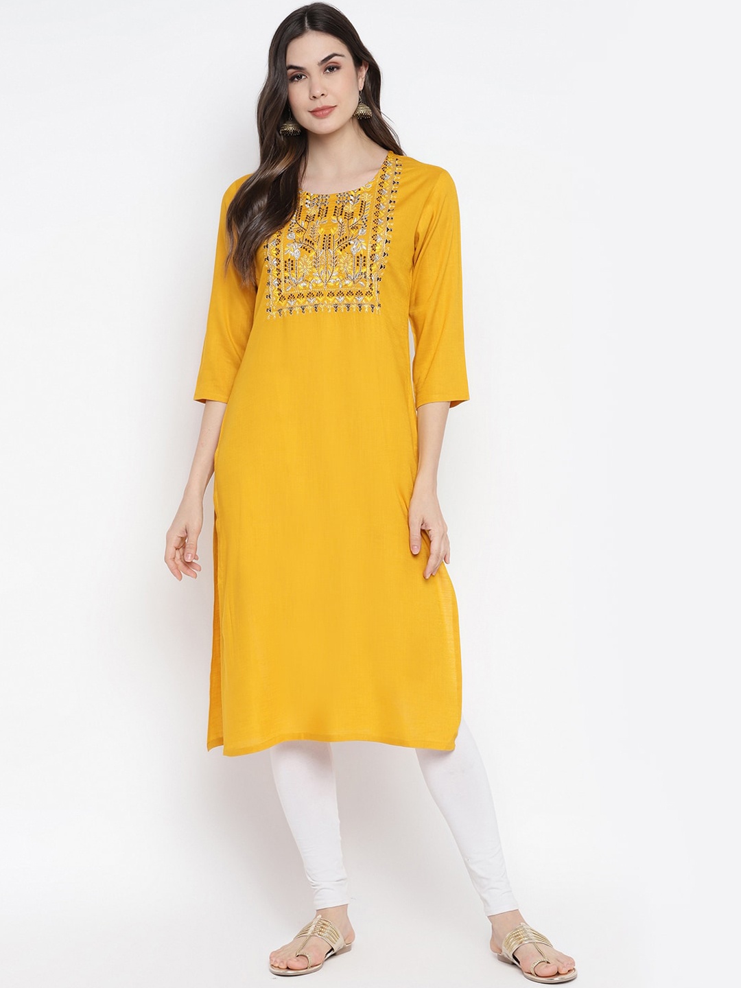 

Aawari Women Mustard Yellow Geometric Yoke Design Mirror Work Kurta