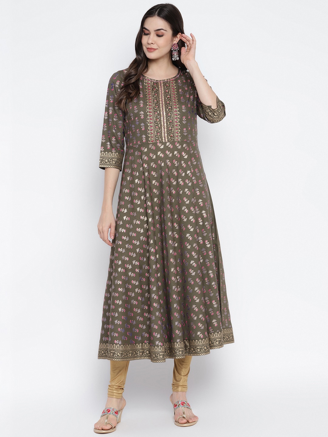 

Aawari Women Olive Green & Gold-Toned Ethnic Motifs Printed Thread Work Anarkali Kurta