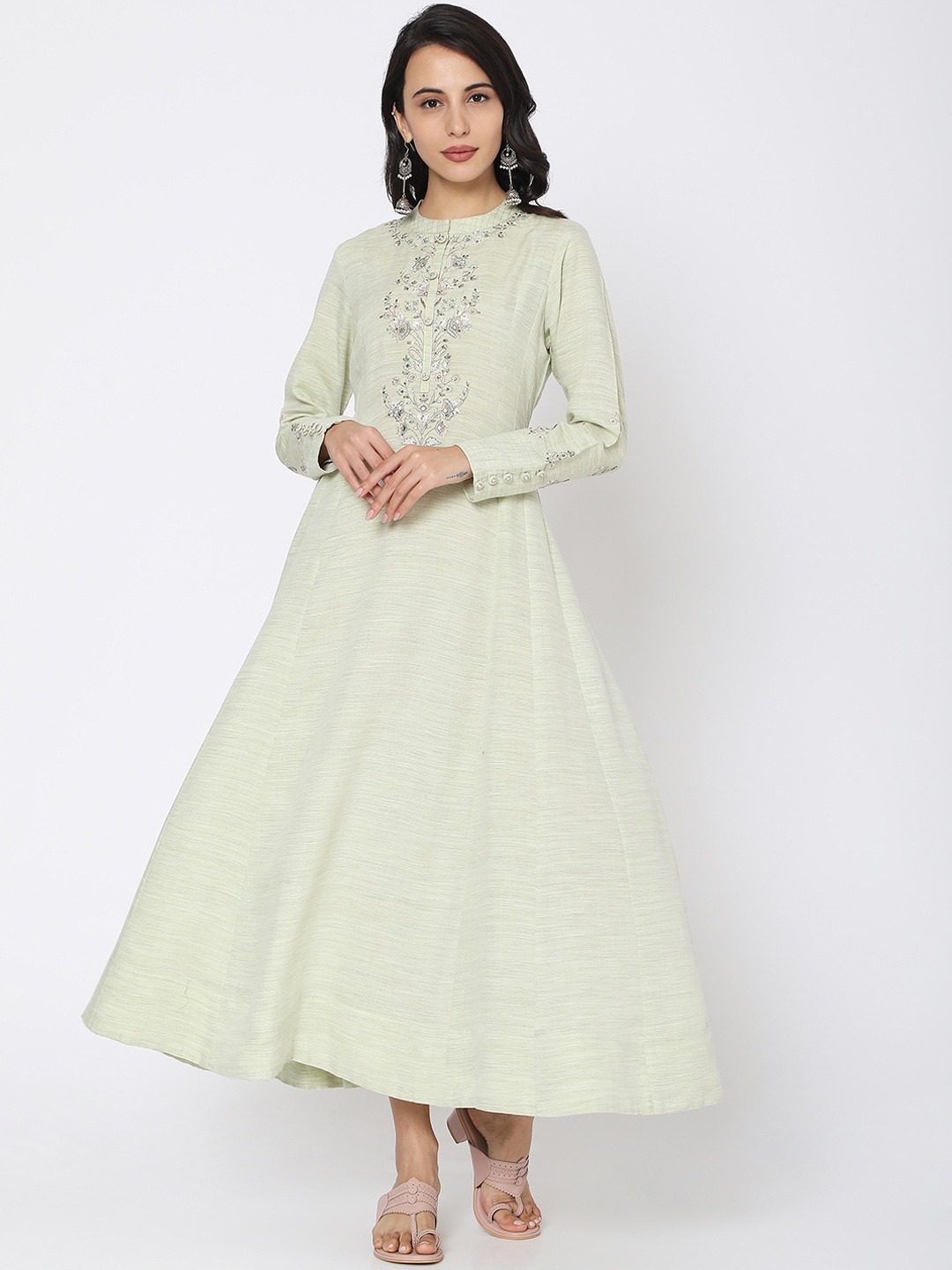 

Ojas Designs Women Sea Green & White Ethnic Motifs Maxi Dress