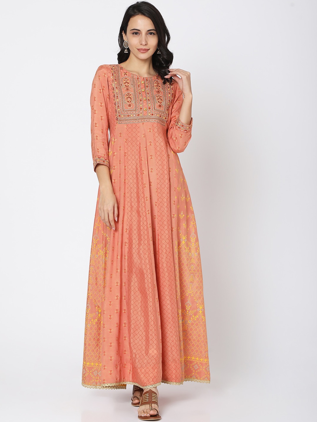 

Ojas Designs Women Peach-Coloured & Yellow Ethnic Motifs Printed Maxi Dress