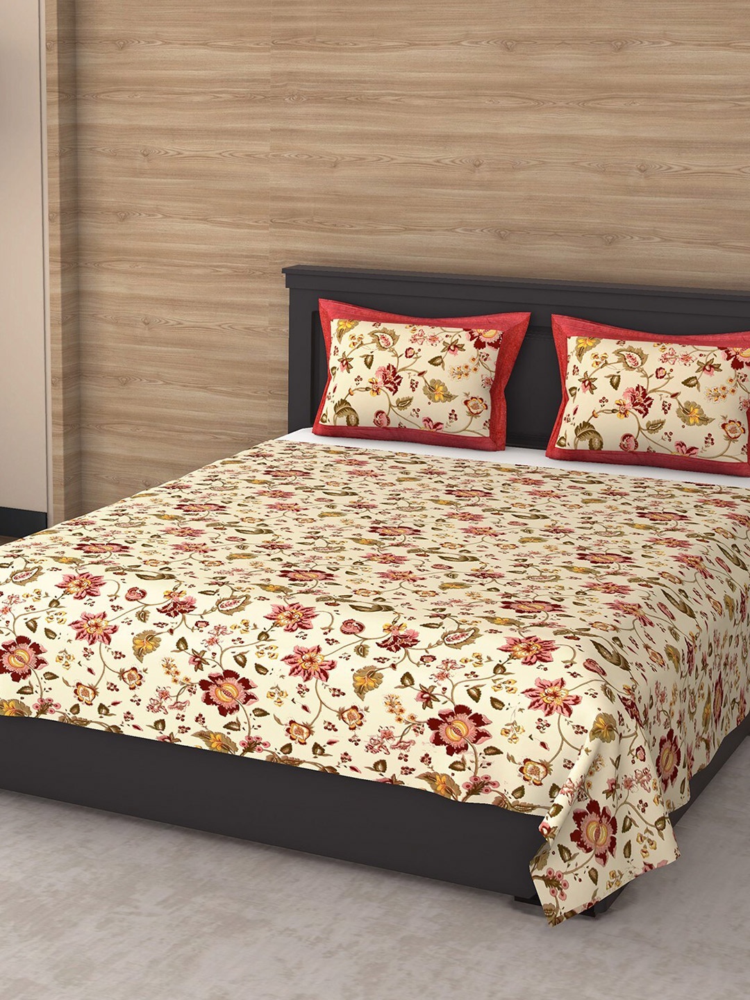 

Varde Beige & Red Floral 144 TC King Bedsheet with 2 Pillow Covers