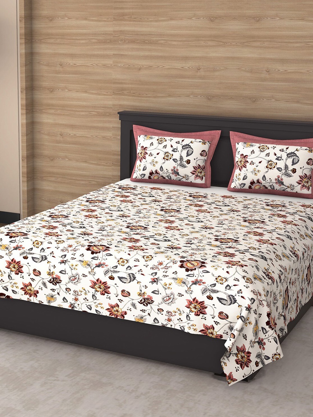 

Varde White & Red Floral 144 TC King Bedsheet with 2 Pillow Covers