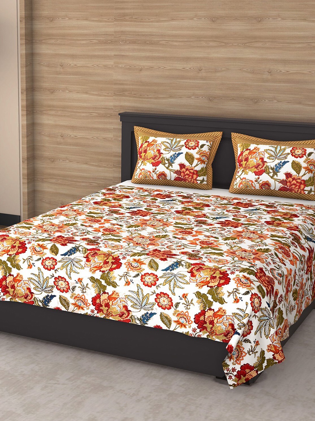 

Varde Orange & Yellow Floral 144 TC King Bedsheet with 2 Pillow Covers