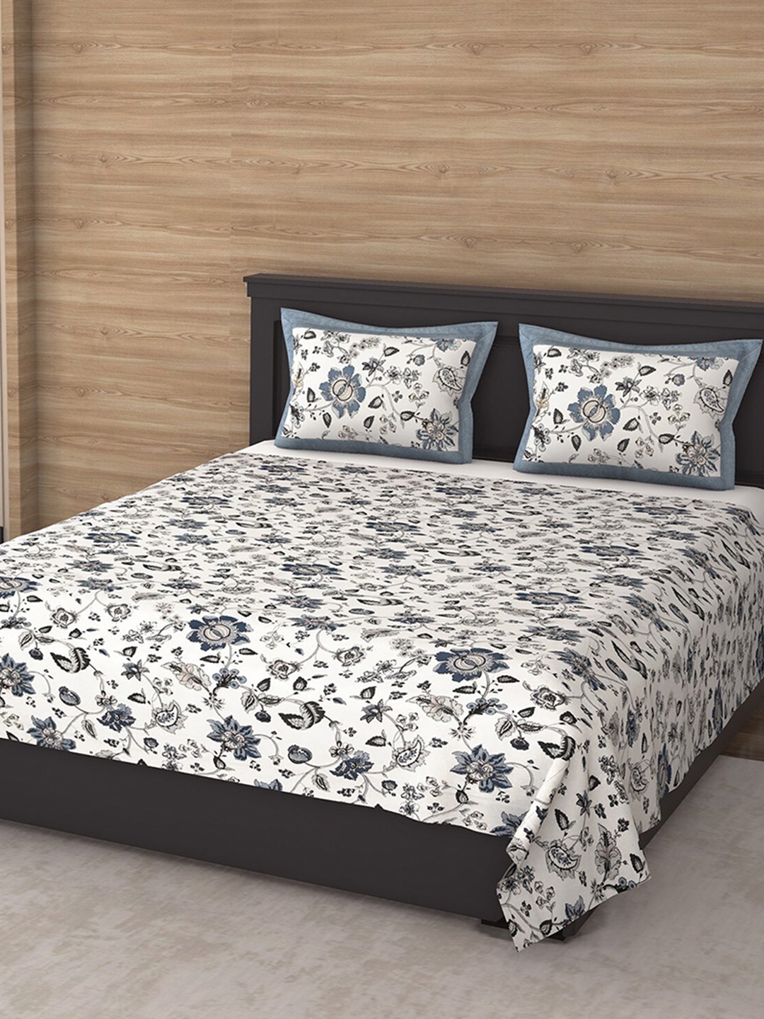 

Varde White & Grey Floral 144 TC King Bedsheet with 2 Pillow Covers