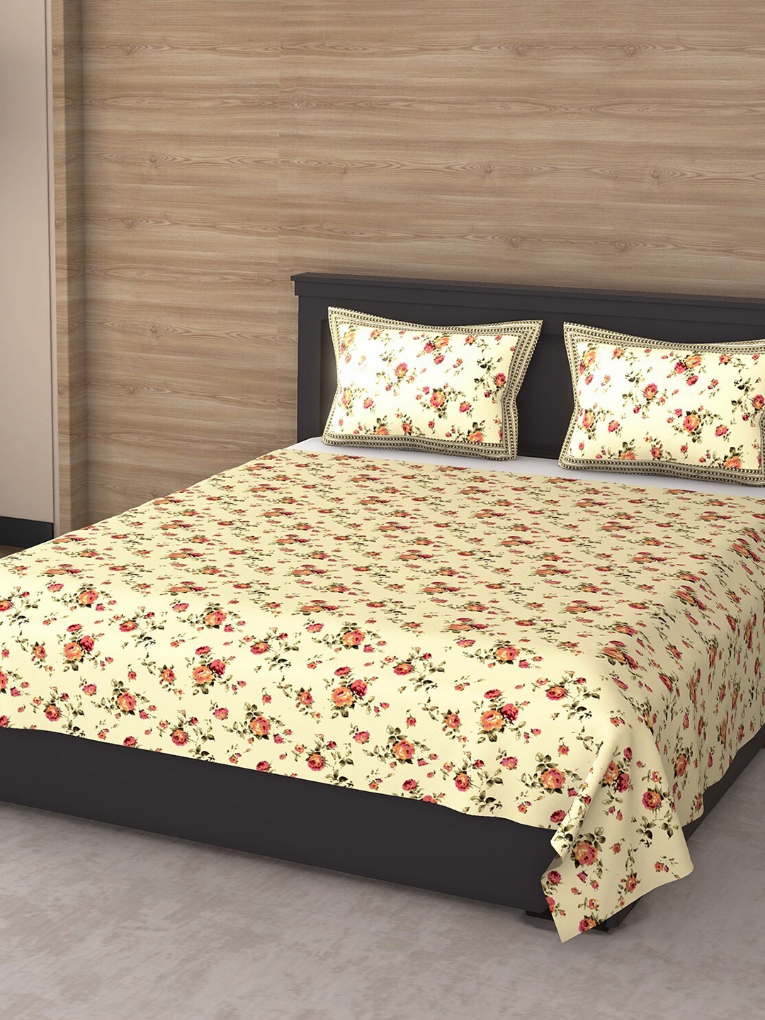 

Varde Yellow & Red Floral 144 TC King Bedsheet with 2 Pillow Covers