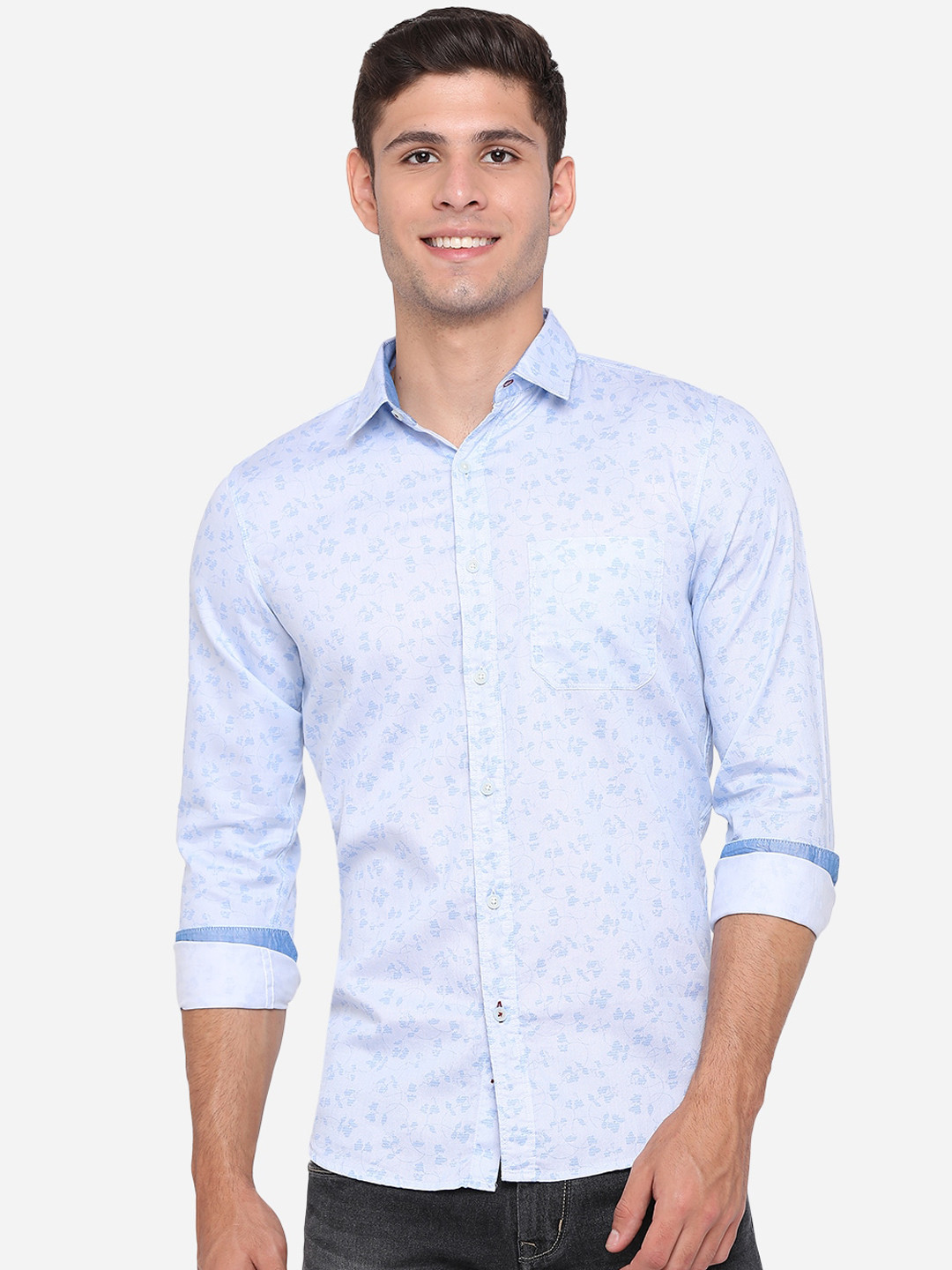 

JADE BLUE Men Blue Slim Fit Opaque Printed Pure Cotton Casual Shirt