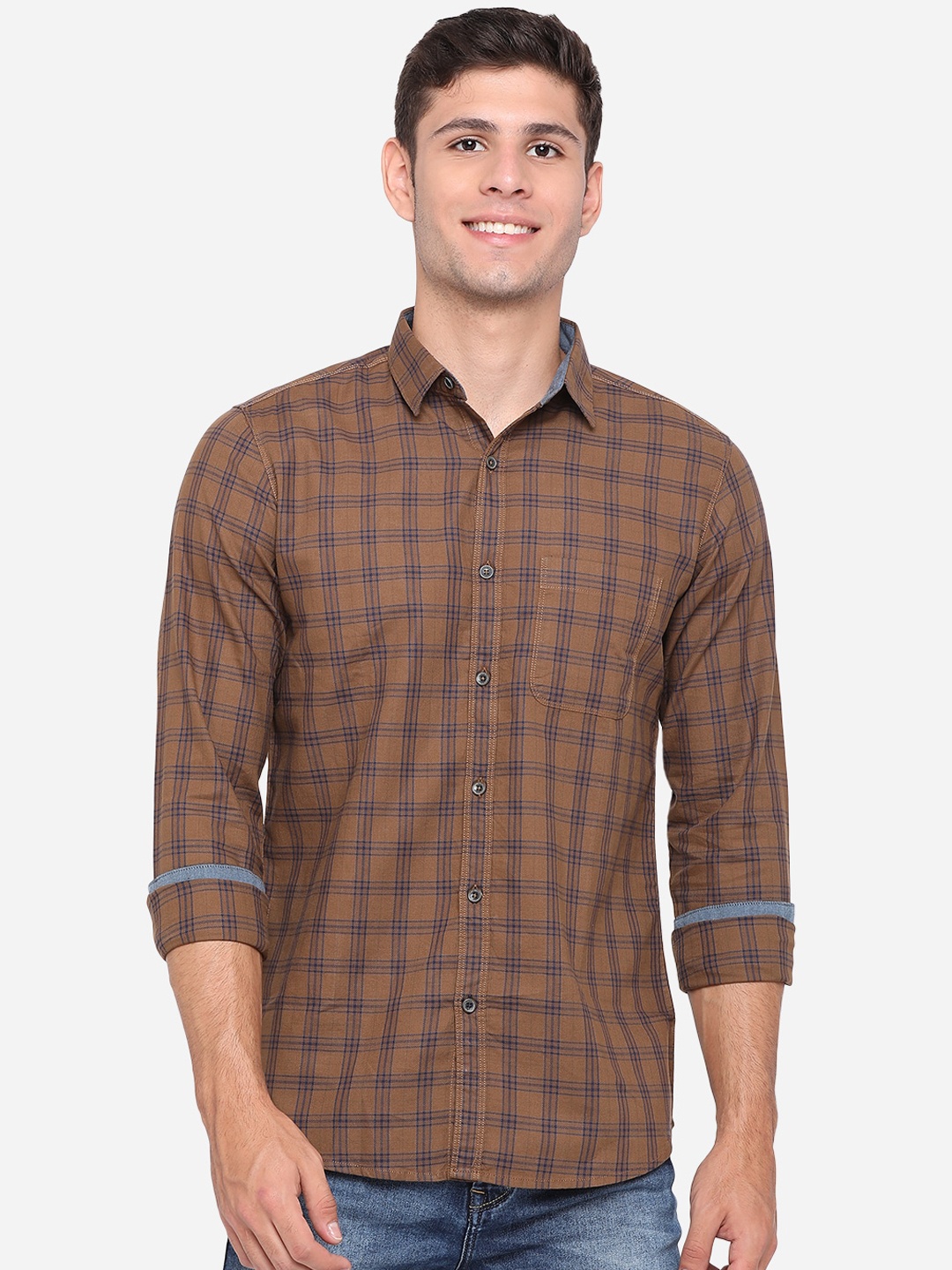 

JADE BLUE Men Brown & Blue Slim Fit Opaque Checked Pure Cotton Casual Shirt