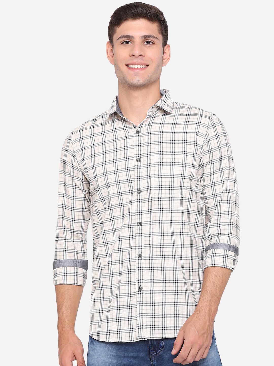 

JADE BLUE Men White & Black Slim Fit Opaque Checked Pure Cotton Casual Shirt