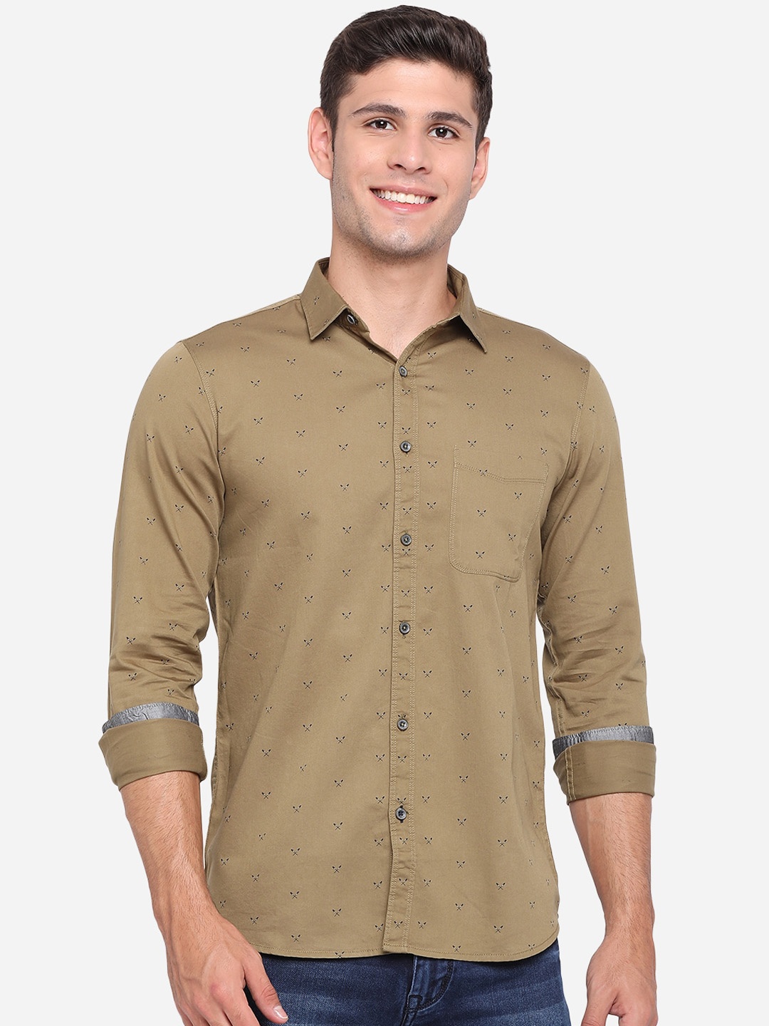 

JADE BLUE Men Brown & Black Slim Fit Opaque Printed Pure Cotton Casual Shirt