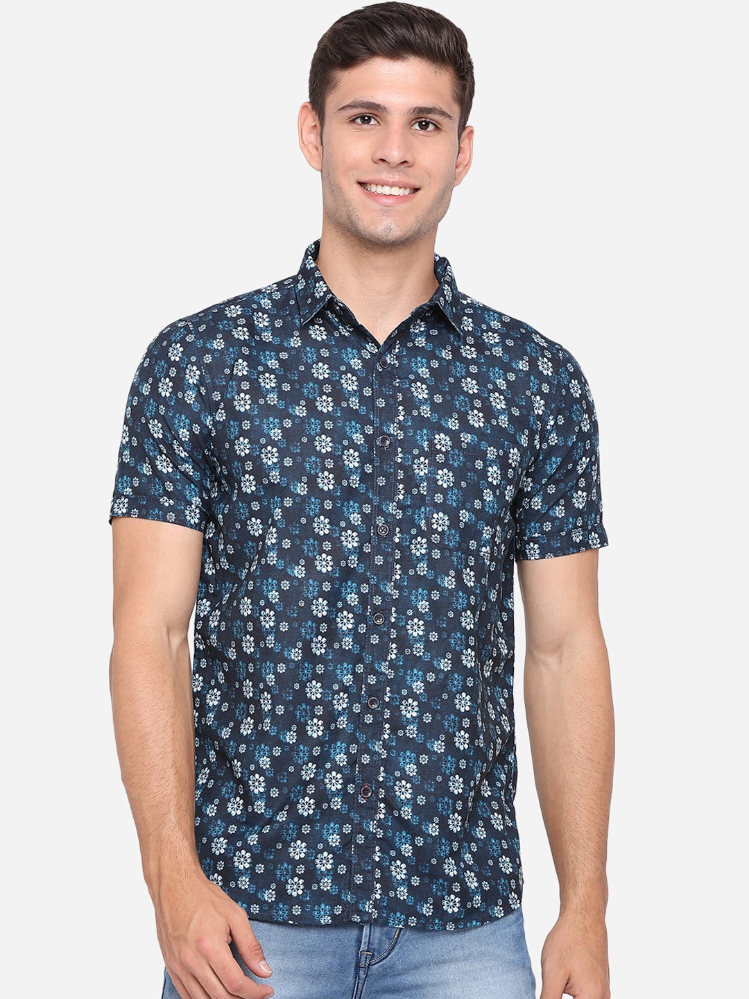 

JADE BLUE Men Blue & White Slim Fit Floral Opaque Printed Pure Cotton Casual Shirt