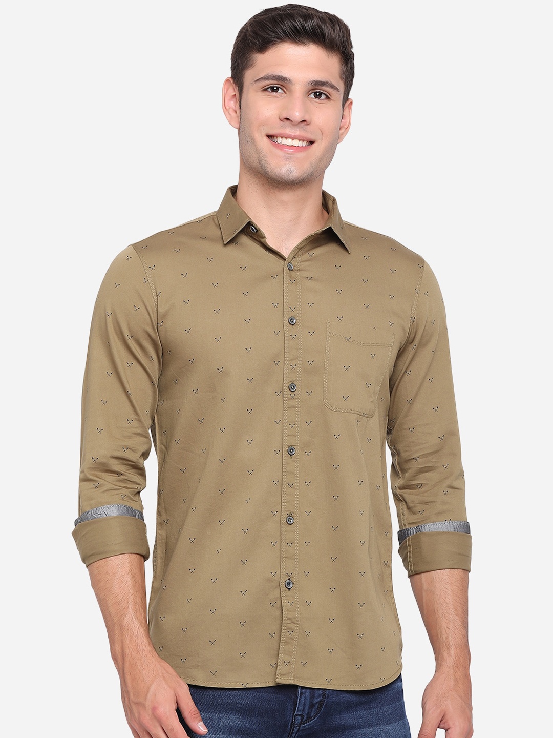 

JADE BLUE Men Slim Fit Opaque Printed Pure Cotton Casual Shirt, Brown