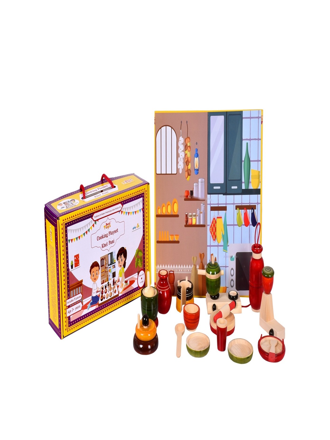 

Desi Toys Unisex Kids Cream-Colored & Red Wood Cooking Playset