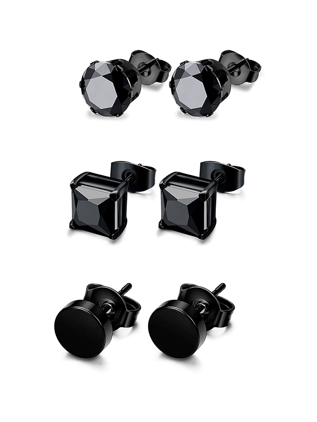 

Yellow Chimes Set of 3 Black Stainless Steel Black Crystal Studs Earrings