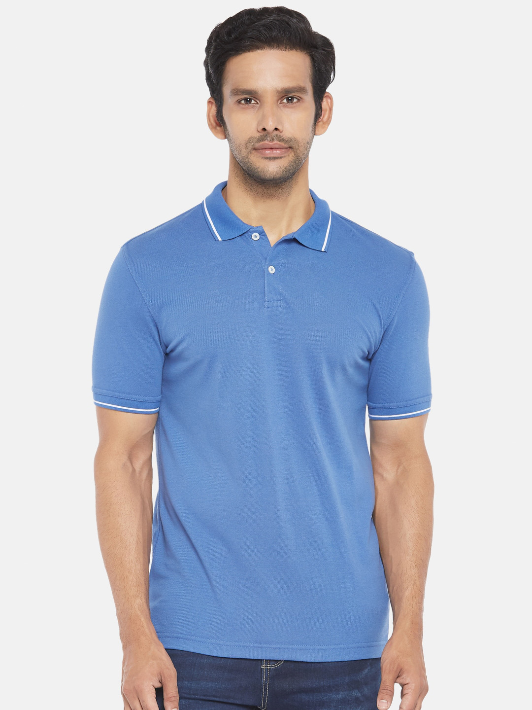 

BYFORD by Pantaloons Men Blue Polo Collar Pure Cotton T-shirt