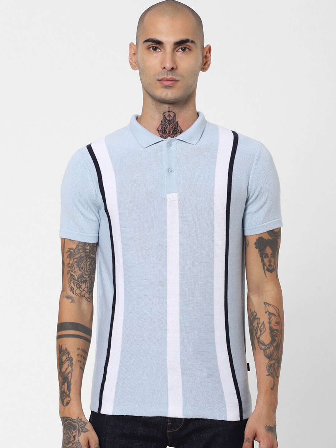 

Jack & Jones Men Blue Striped Polo Collar Slim Fit T-shirt