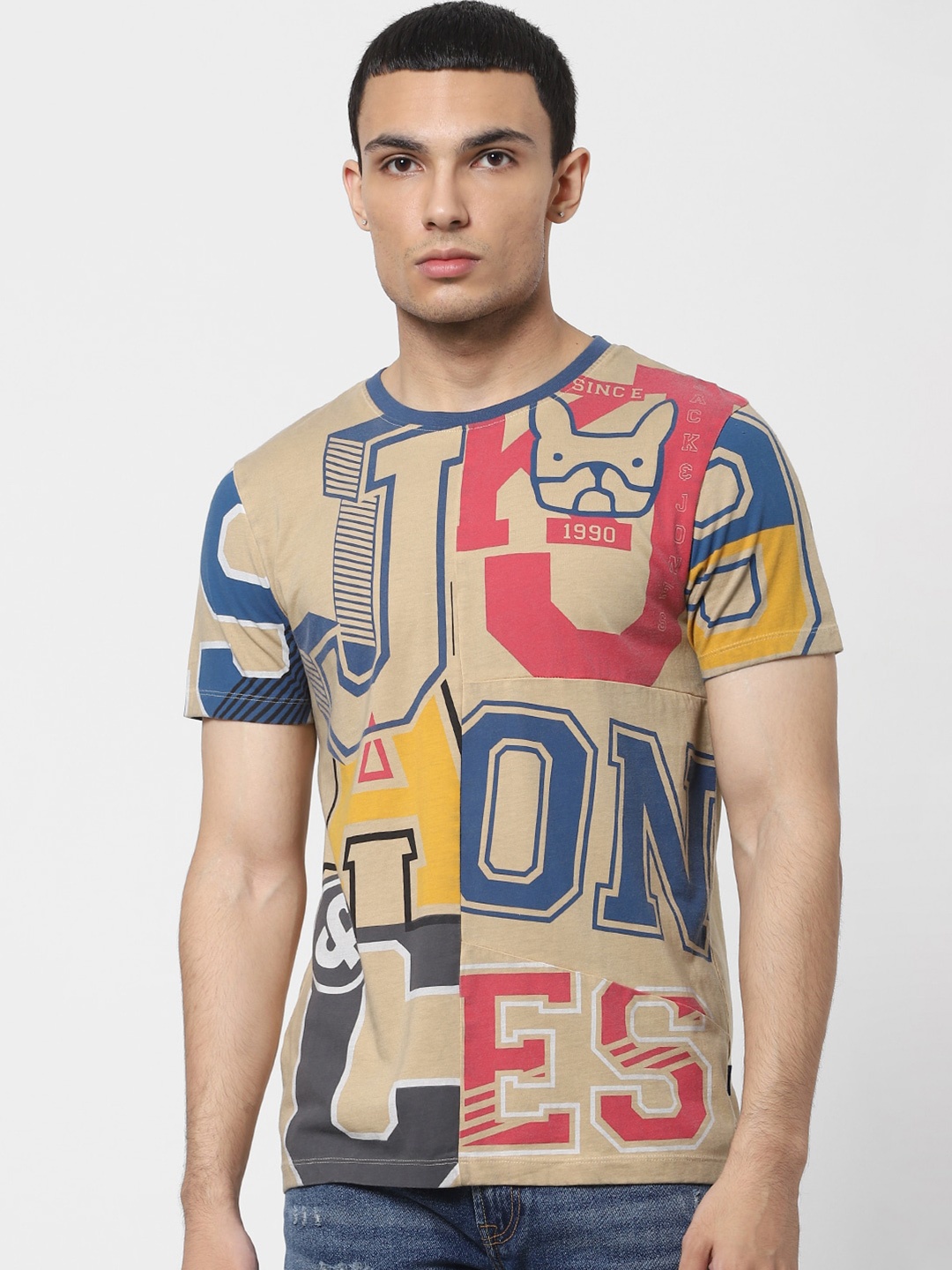 

Jack & Jones Men Beige Typography Printed Slim Fit T-shirt