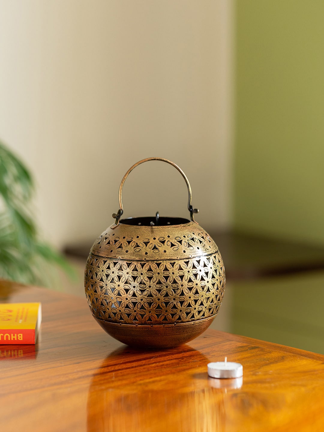 

ExclusiveLane Gold-Toned Hand-Etched Table Tea Light Candle Holder in Iron