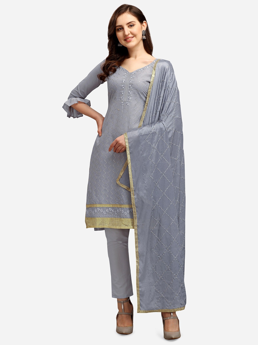

Ethnic Junction Silver-Toned & Gold-Toned Embroidered Unstitched Dress Material