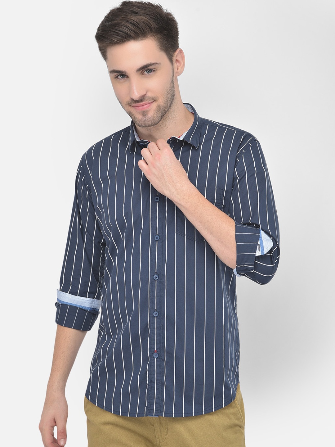 

COBB Men Navy Blue Slim Fit Striped Casual Shirt