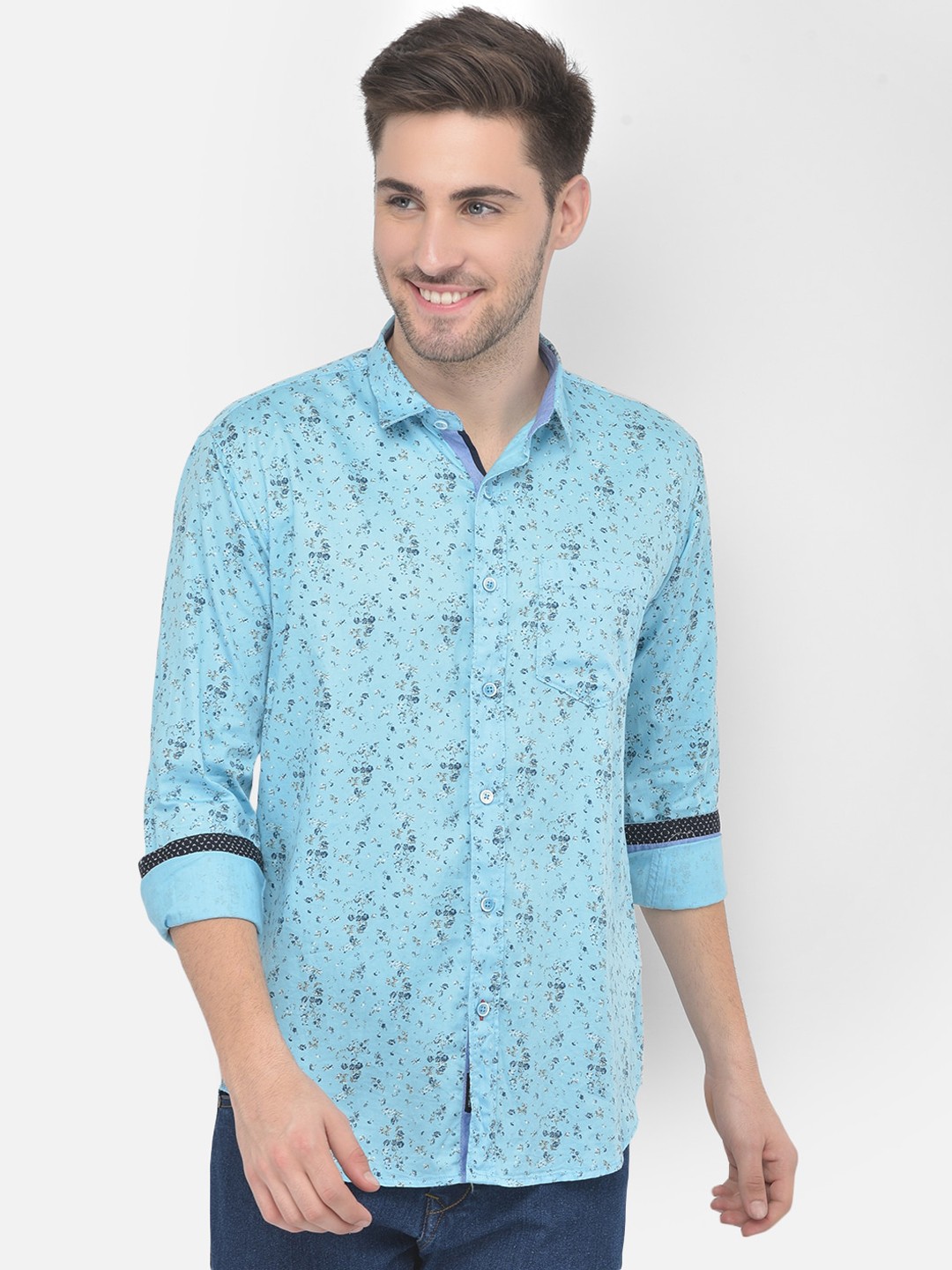 

COBB Men Turquoise Blue Slim Fit Floral Printed Casual Shirt