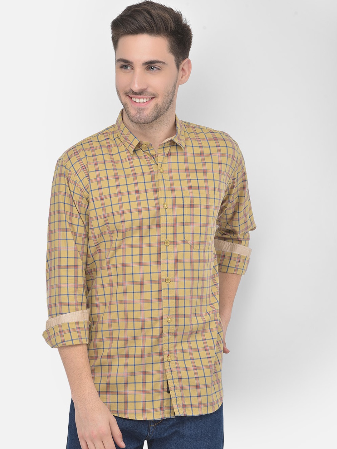 

COBB Men Khaki Slim Fit Checked Casual Shirt