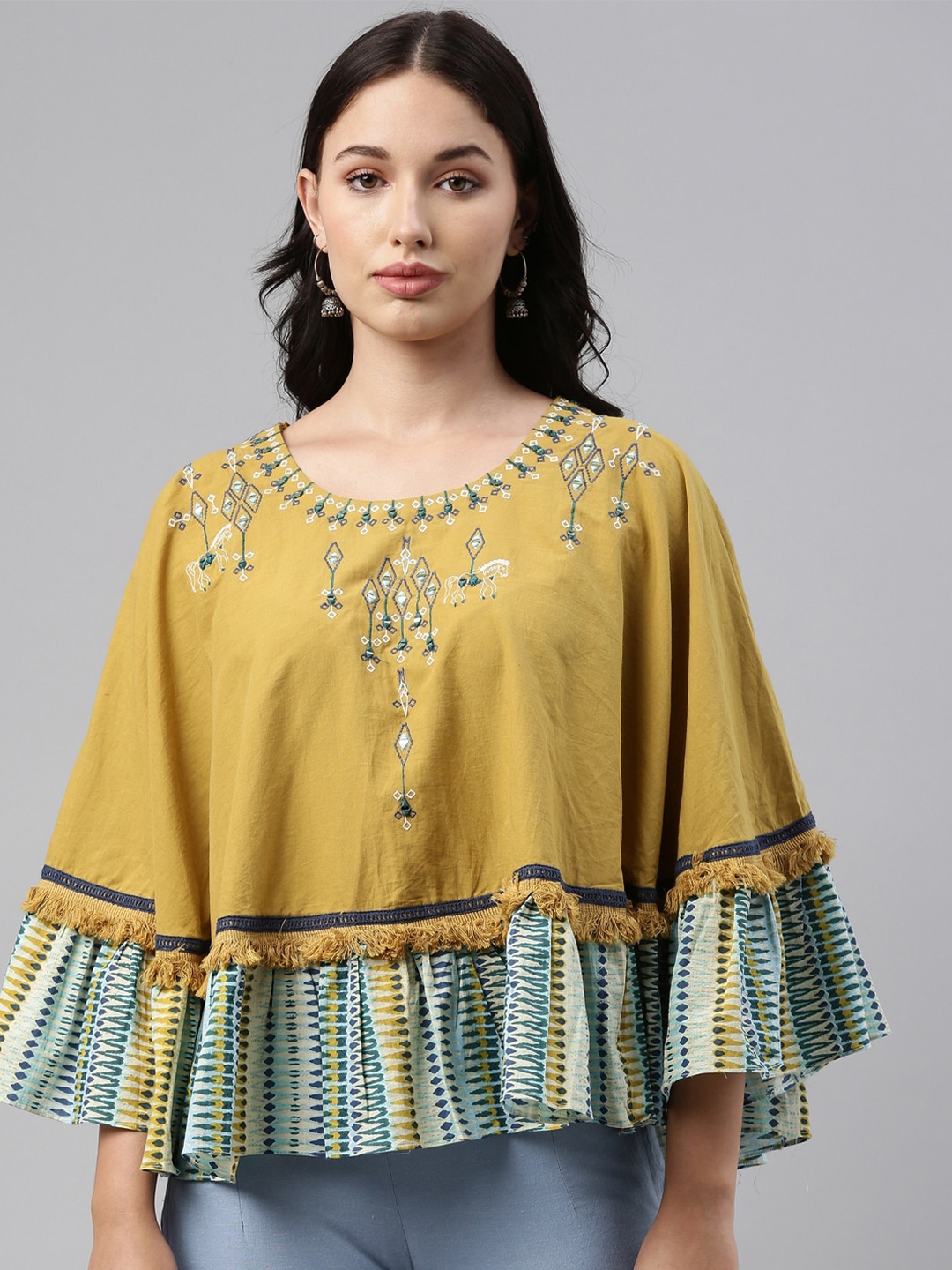 

Neerus Women Mustard Yellow Embellished Cape Top