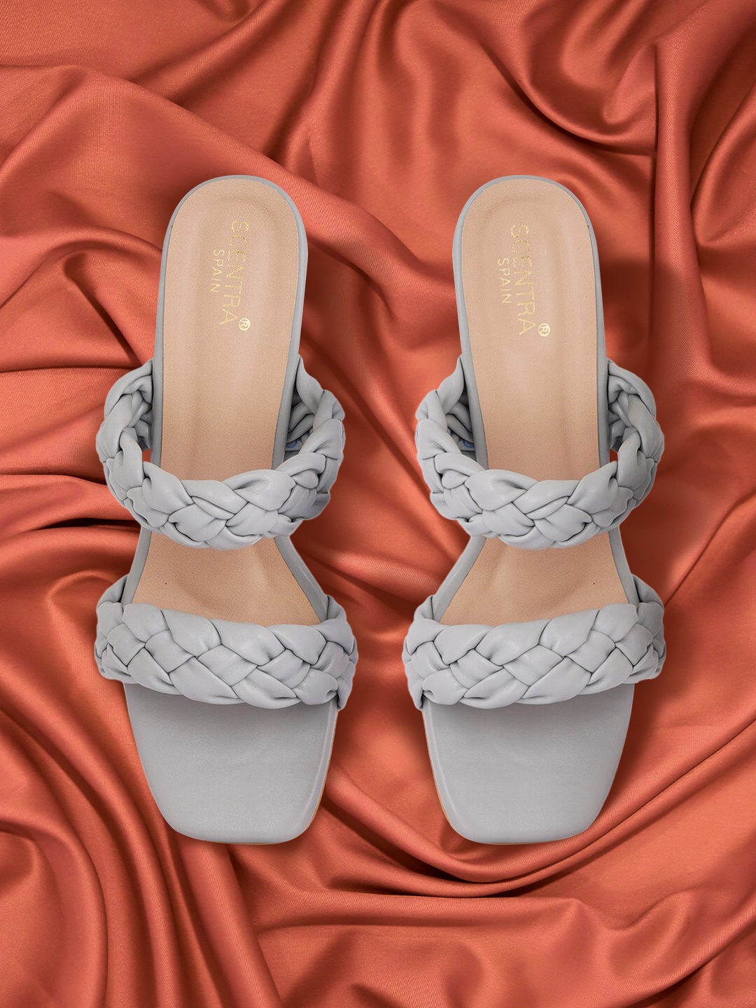 

SCENTRA Taupe & Tan Woven Design Casual Block Sandals