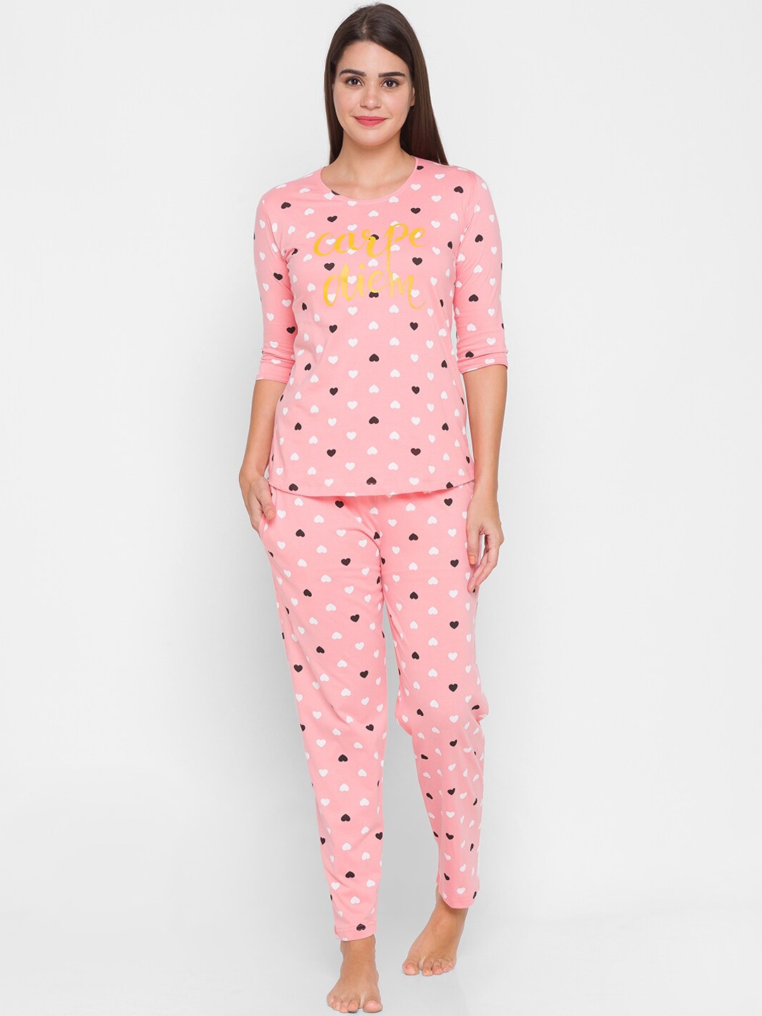 

AV2 Women Peach & White Printed Pure Cotton Night Suit