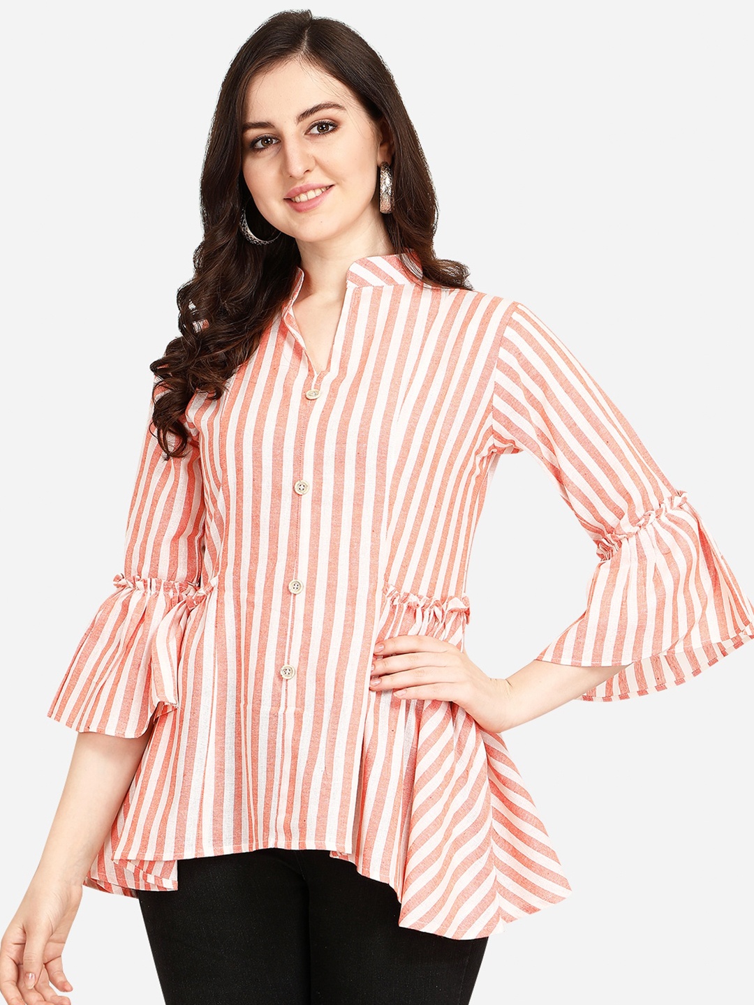 

OM SAI LATEST CREATION Women Orange Striped Mandarin Collar Regular Top