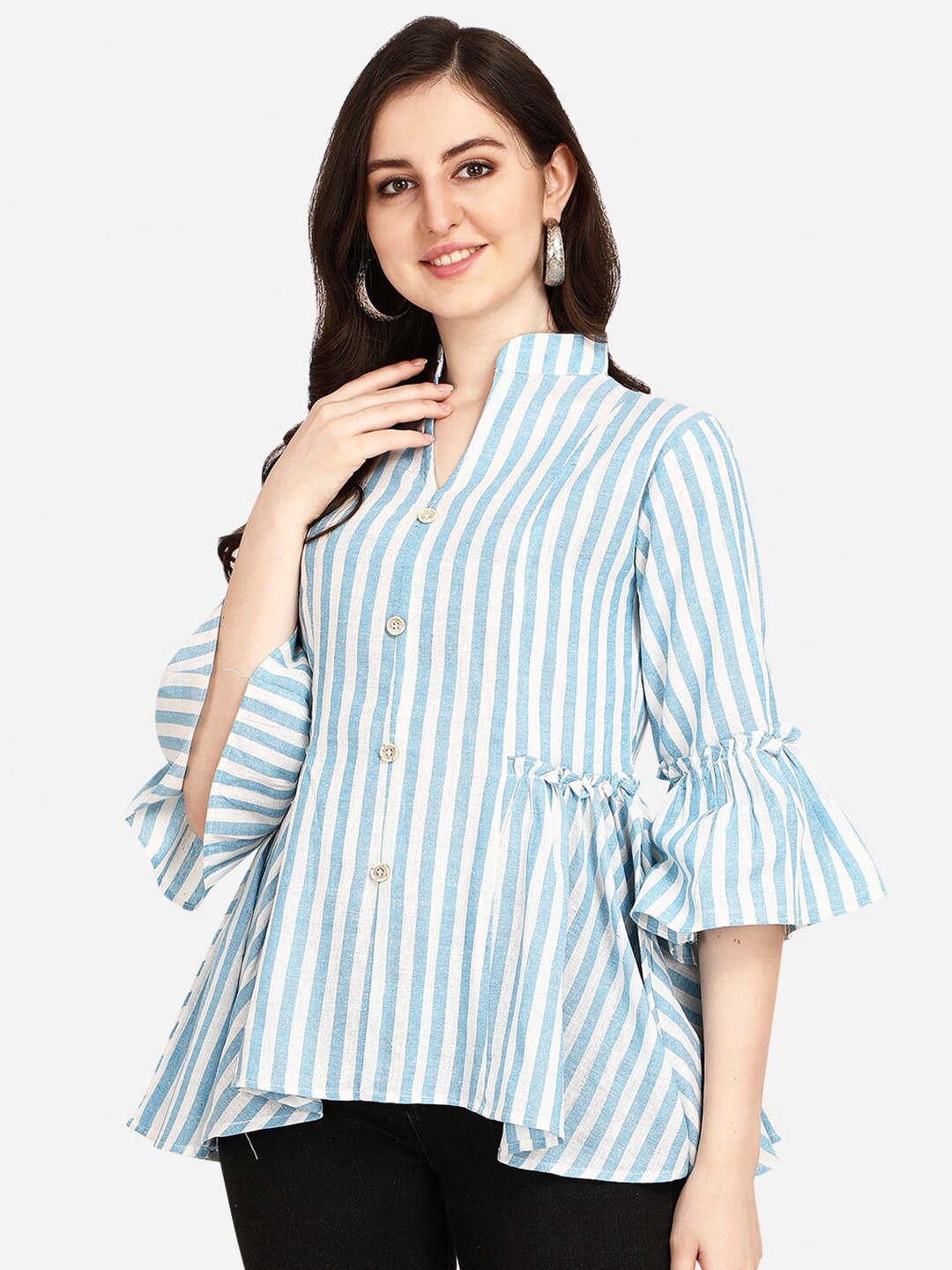 

OM SAI LATEST CREATION Women Blue & White Striped Mandarin Collar A-Line Top