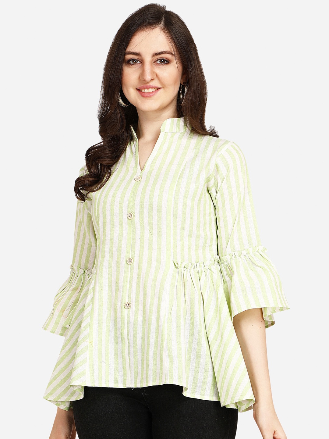 

OM SAI LATEST CREATION Green Striped Mandarin Collar A-Line Top