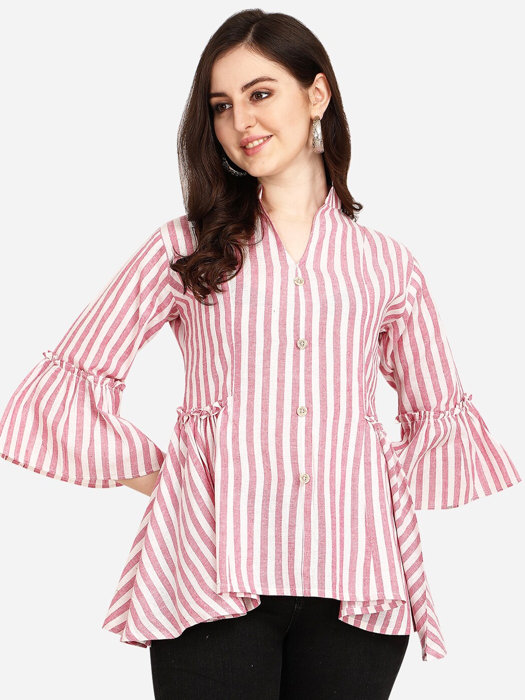 

OM SAI LATEST CREATION Pink and Off-White Striped Shirt Style Longline Top