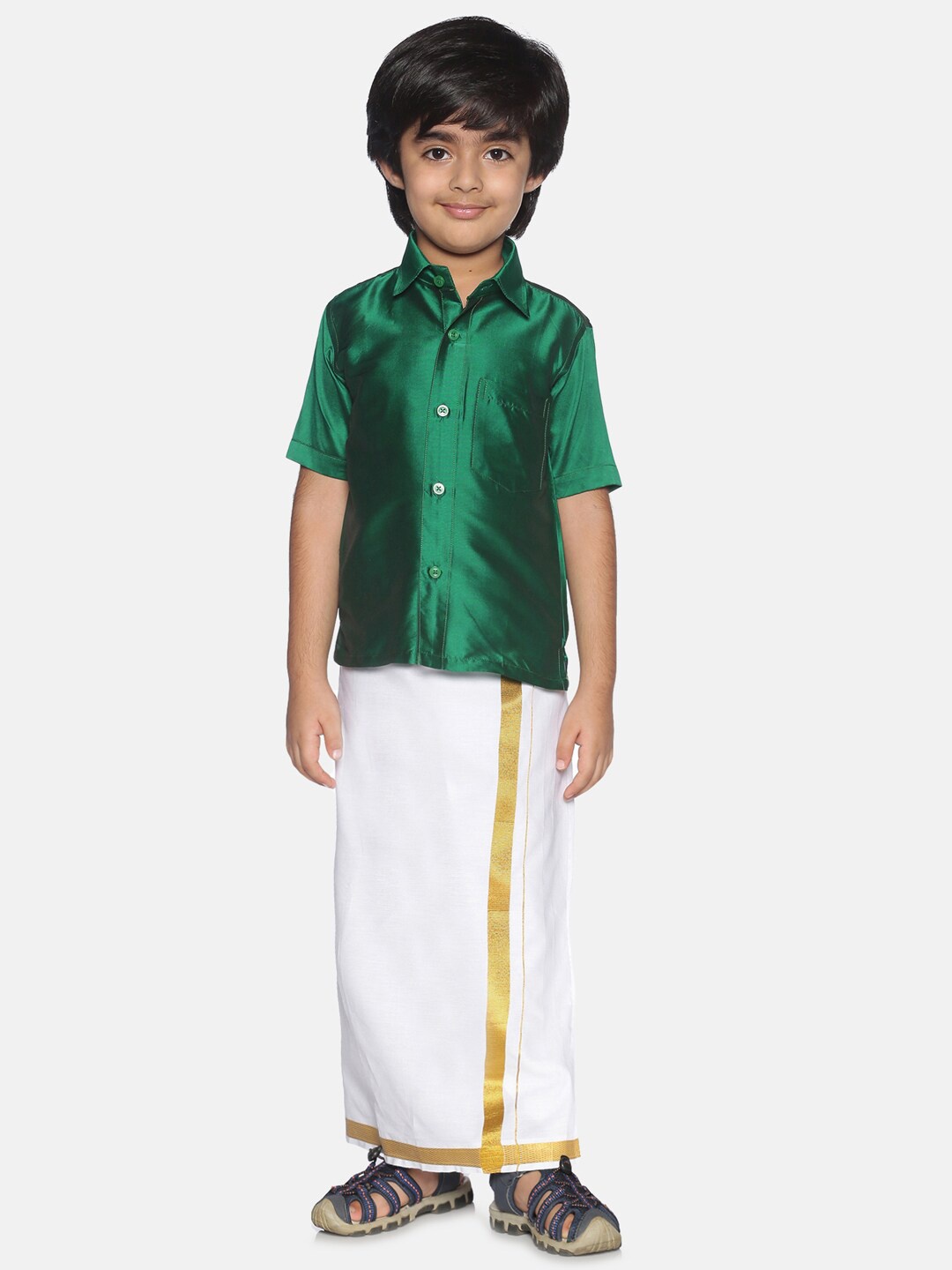 

Sethukrishna Boys Green & White Shirt with Readymade Dhoti