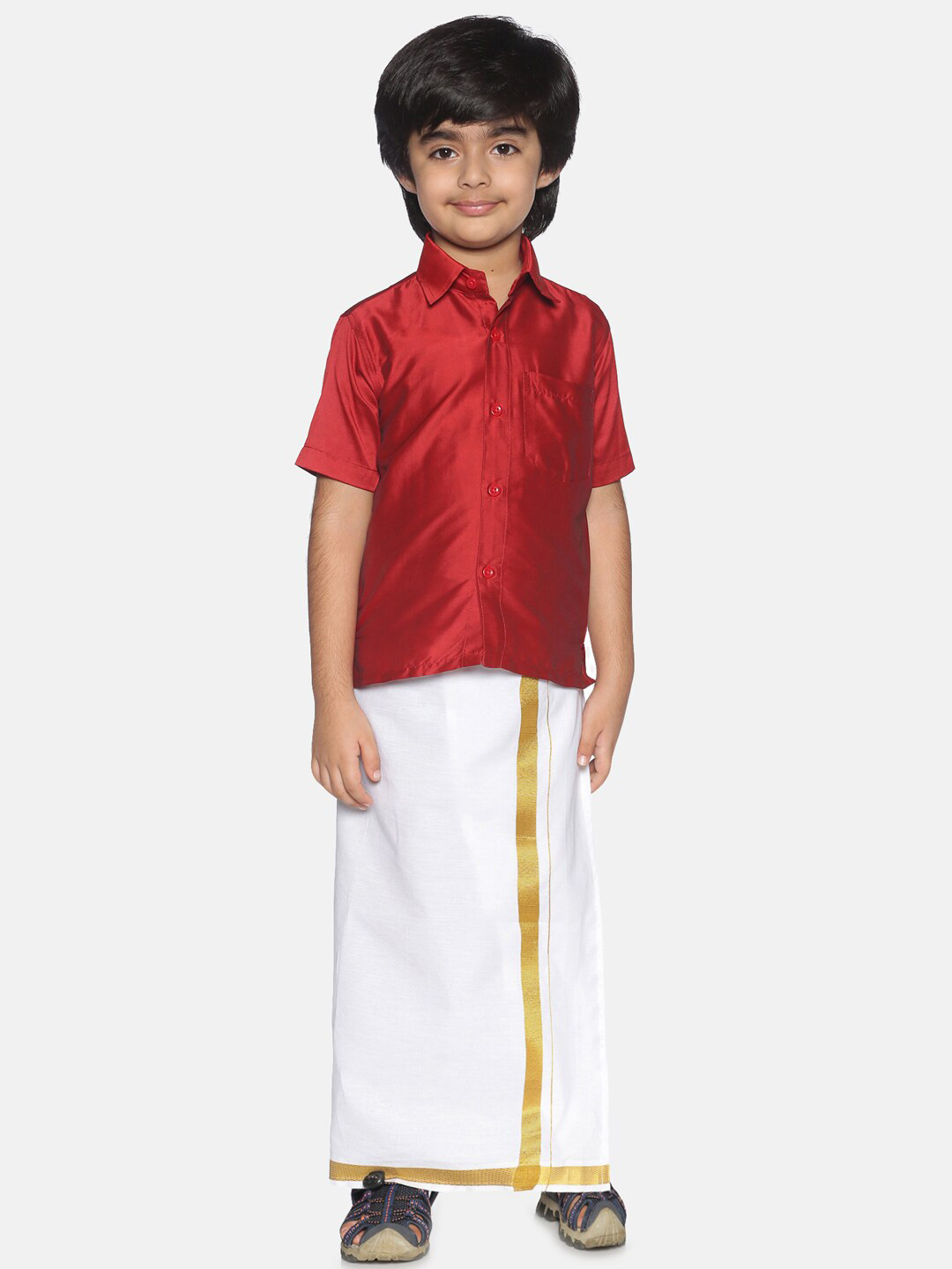 

Sethukrishna Boys Red & White Shirt with Ready To Wear Dhoti Set